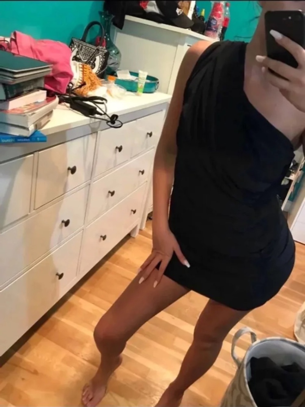 Black One-Shoulder Draped Mini Dress - Women